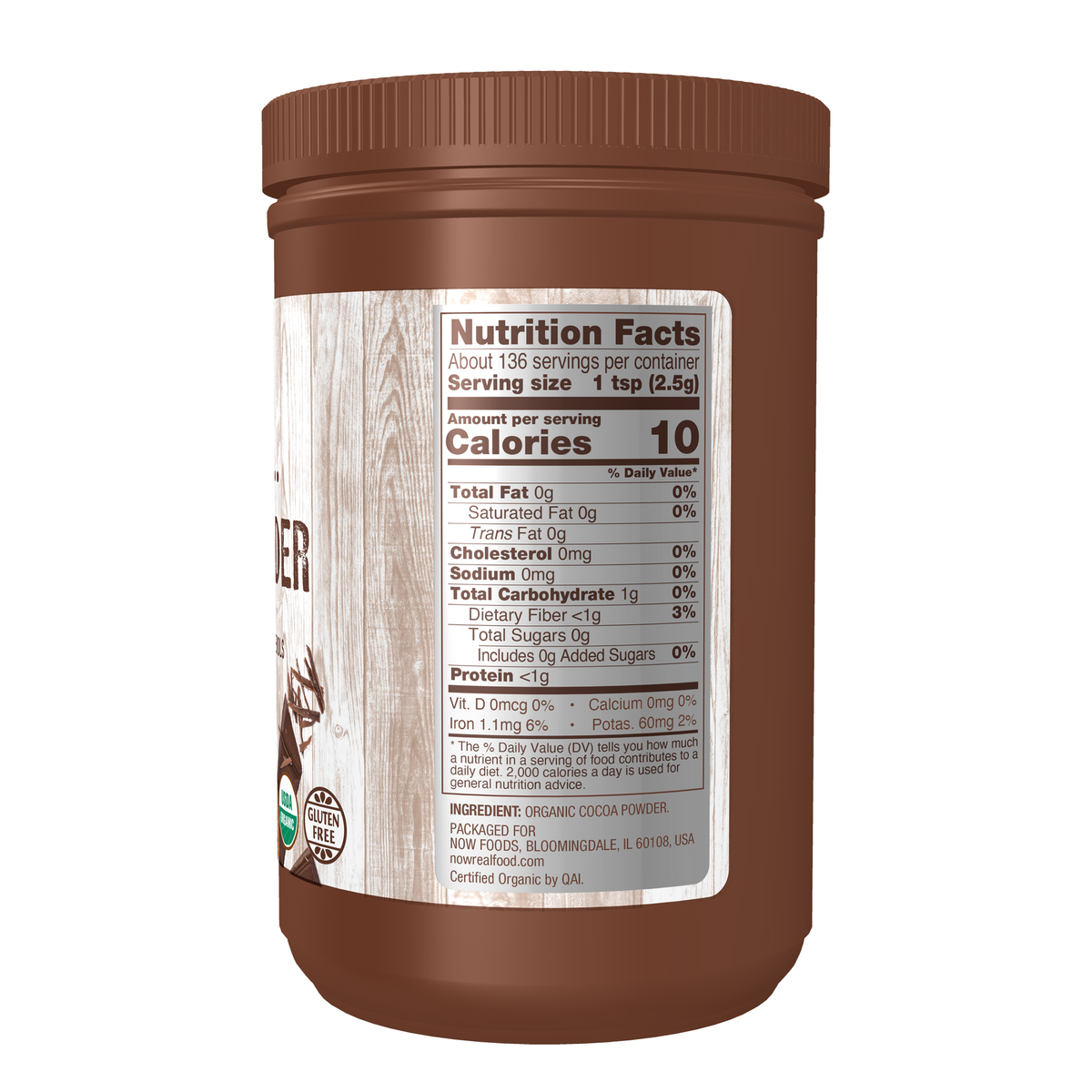 NOW Foods Cocoa Powder, Organic - 12 oz. – right label / Etykieta producenta