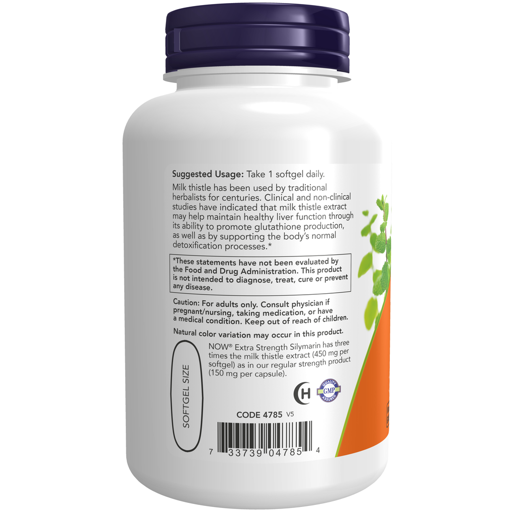 NOW Foods Milk Thistle Extract, Extra Strength 450 mg - 120 Softgels – Label details / Etykieta producenta