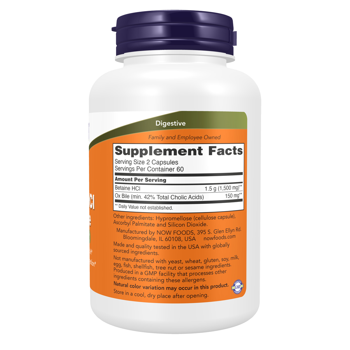 NOW Foods Betaine HCl + Ox Bile - 120 Veg Capsule – Right label / Etykieta producenta