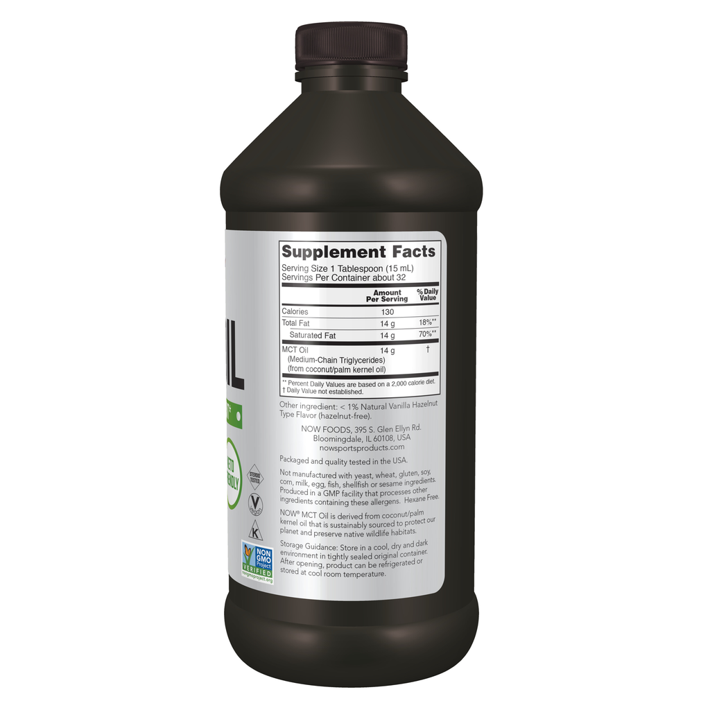 NOW Foods MCT Oil, Vanilla Hazelnut – Label details / Etykieta producenta