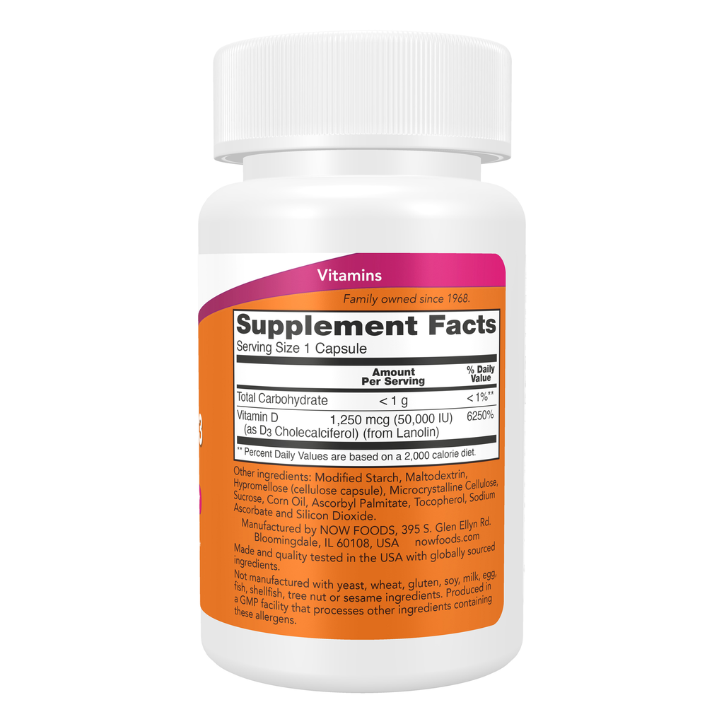 NOW Foods Vitamin D-3 50,000 IU - 15 Veg Capsules – Right label / Etykieta producenta