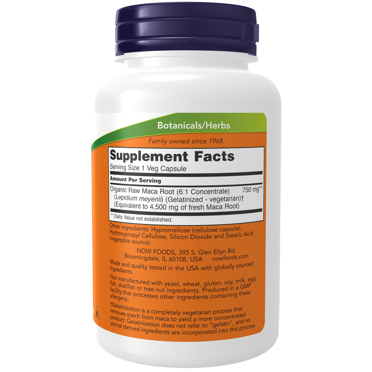 NOW Foods Maca 750 mg Raw - 90 Veg Capsules – Label details / Etykieta producenta