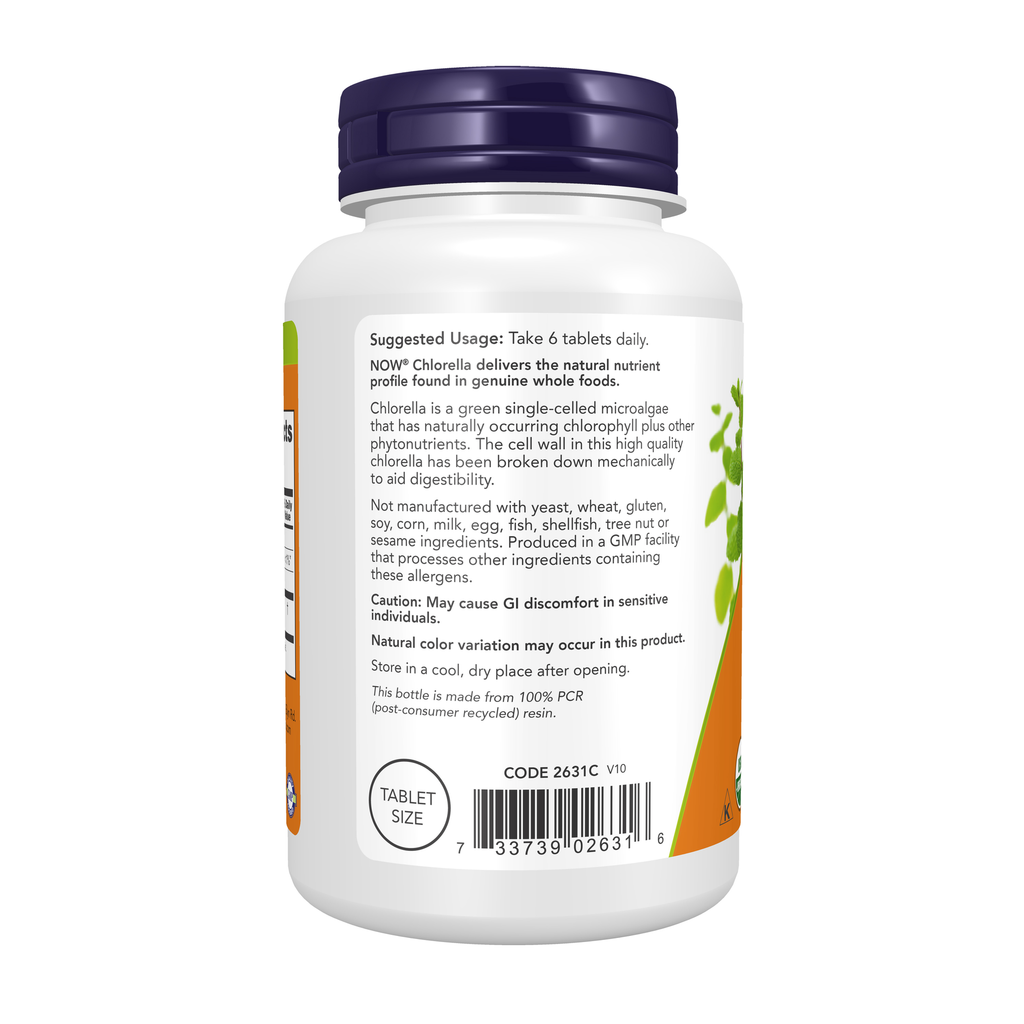 NOW Foods Chlorella 500 mg, Organic - 200 Tablets – Left label / Etykieta producenta
