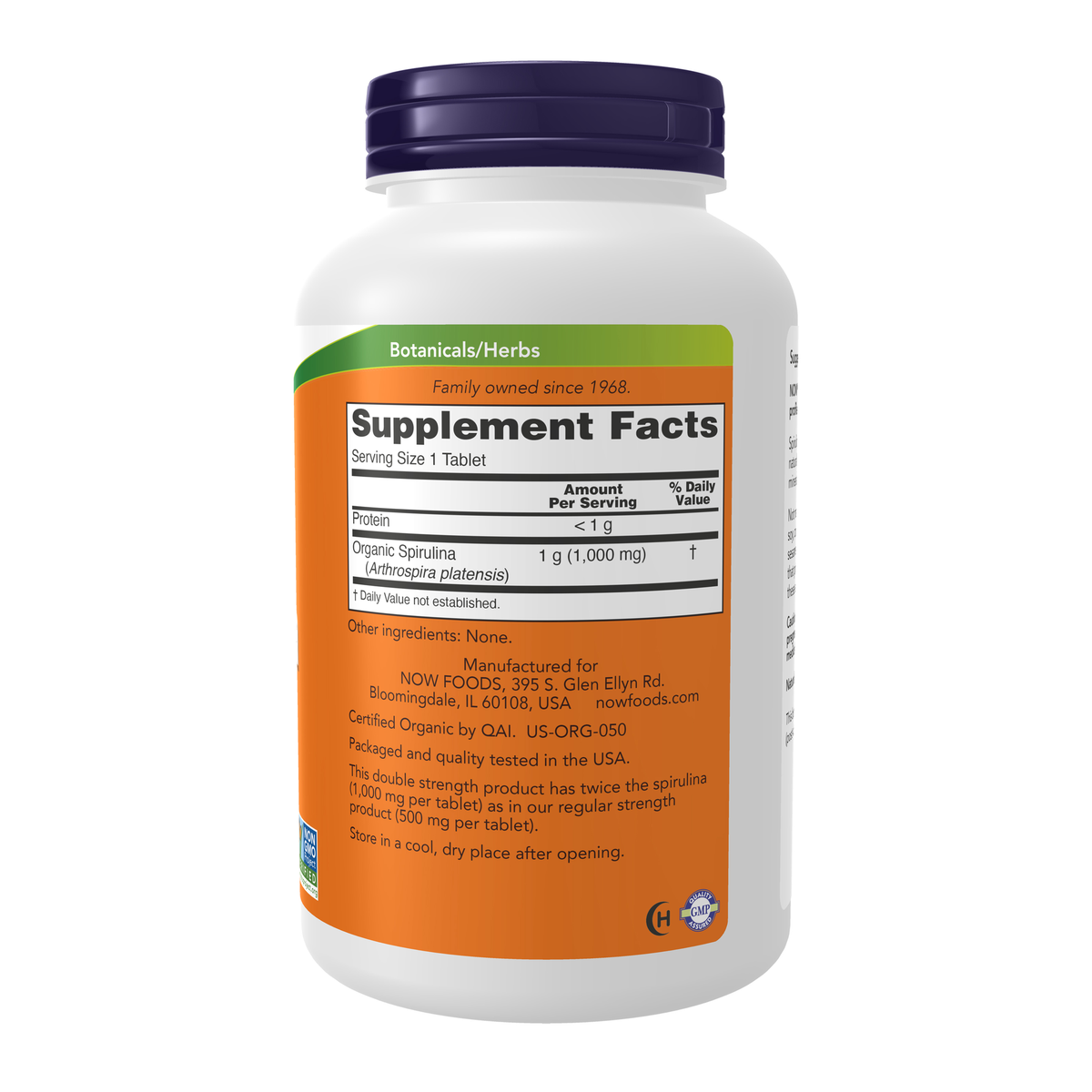 NOW Foods Spirulina Double Strength, 1000 mg Organic - 240 Tablets – Right label / Etykieta producenta