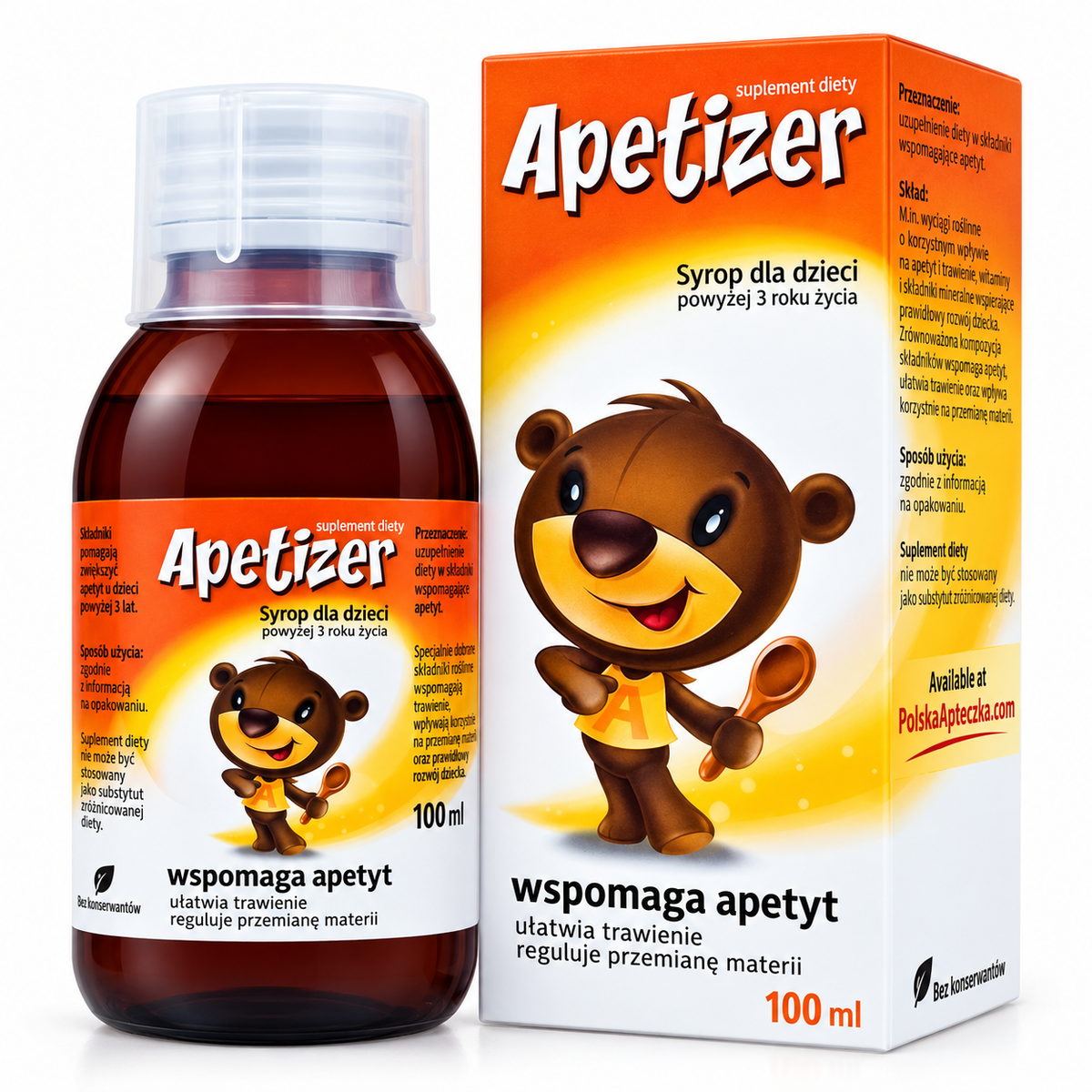 Aflofarm Apetizer children’s appetite support syrup 100 ml bottle and orange box with bear illustration