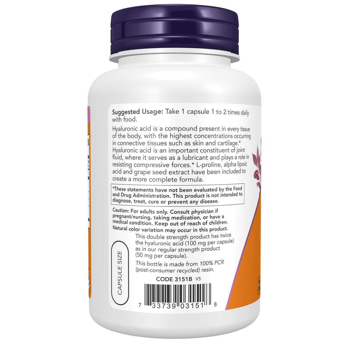 NOW Foods Hyaluronic Acid, Double Strength 100 mg - 120 Veg Capsules – Left label / Etykieta producenta