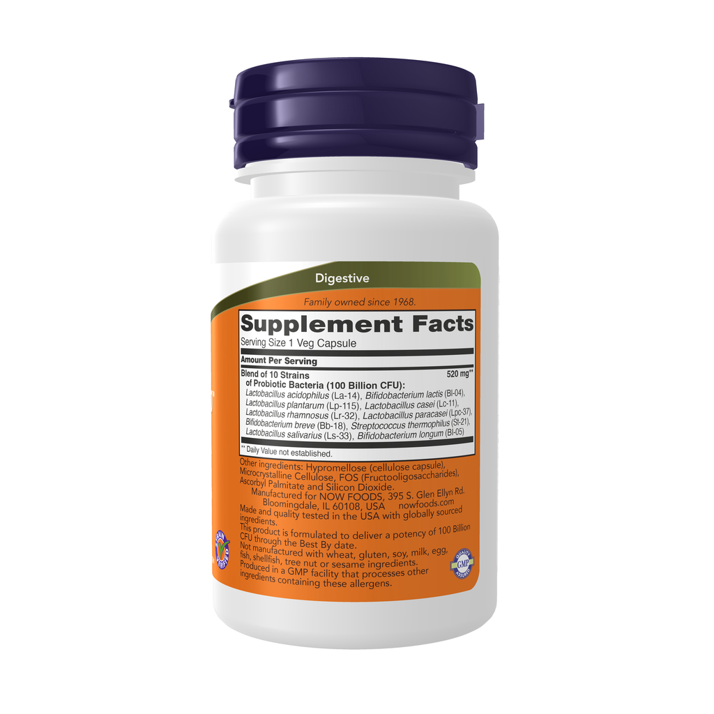 NOW Foods Probiotic-10™ 100 Billion - 30 Veg Capsules – Right label / Etykieta producenta