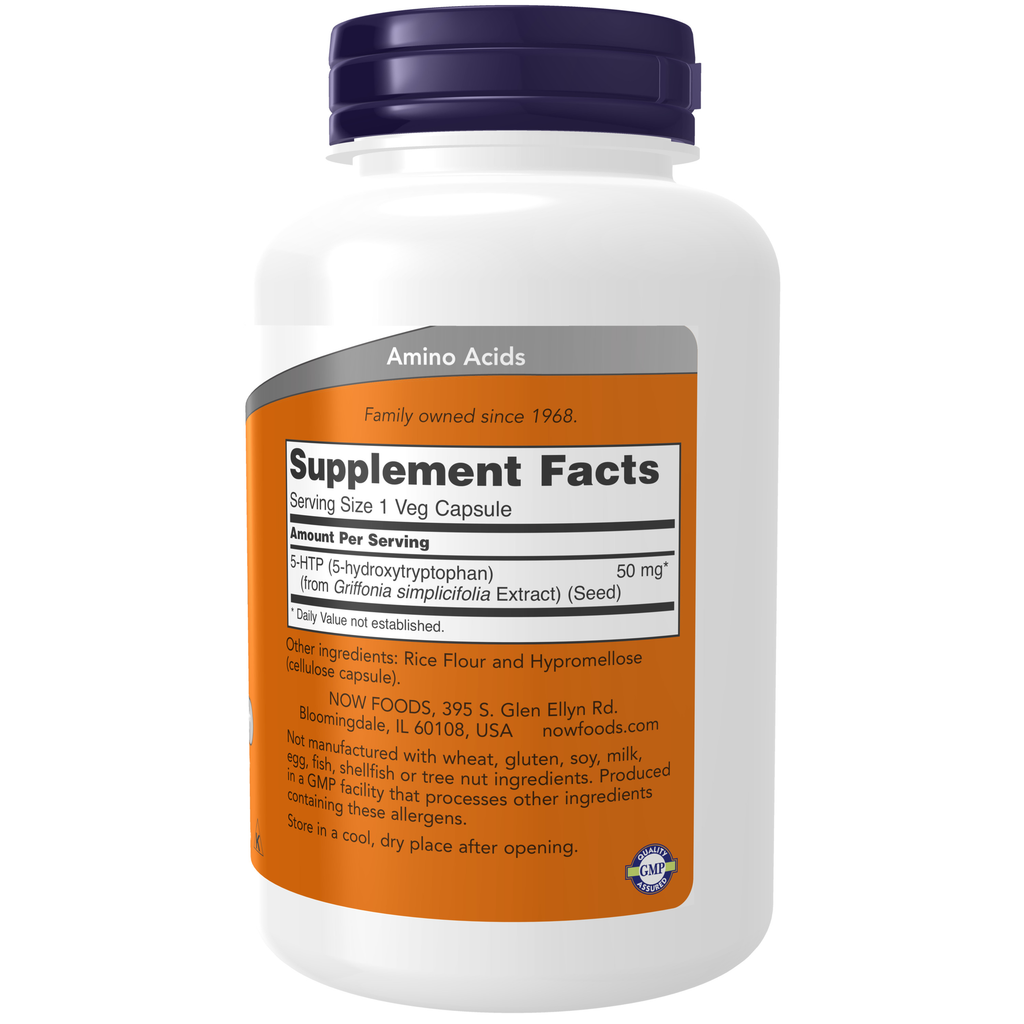 NOW Foods 5-HTP 50 mg - 180 Veg Capsules – Label details / Etykieta producenta