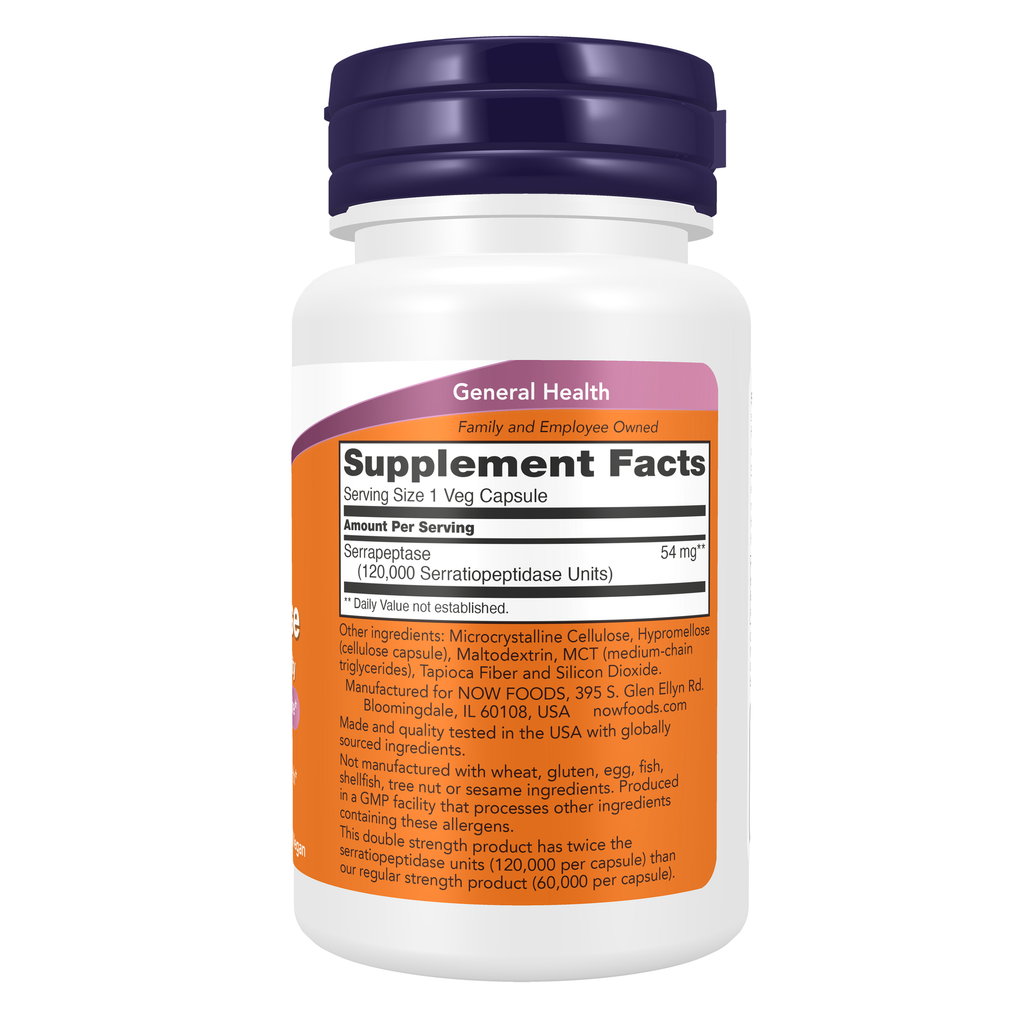 NOW Foods Serrapeptase - 90 Veg Capsules – right label / Etykieta producenta
