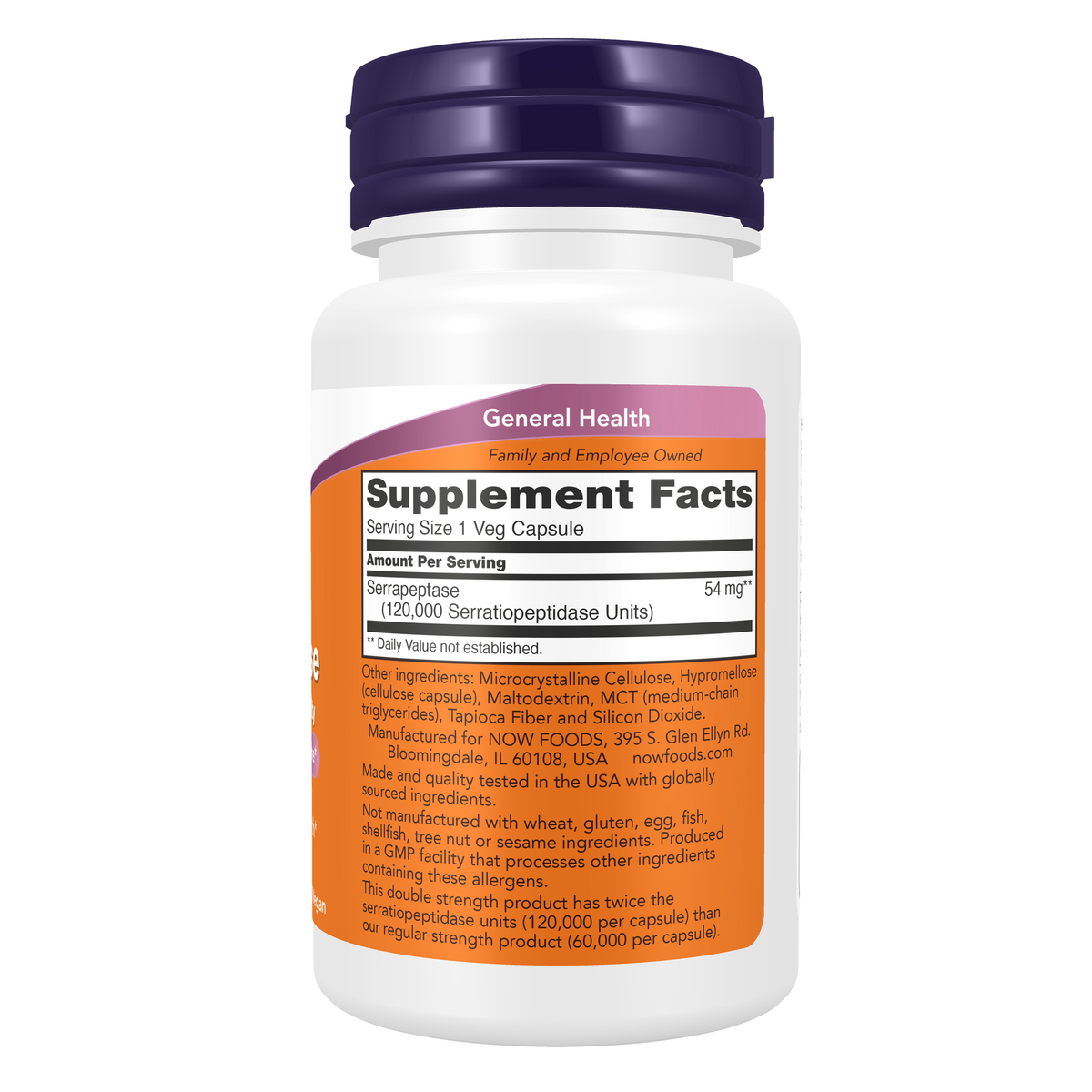 NOW Foods Serrapeptase - 90 Veg Capsules – right label / Etykieta producenta