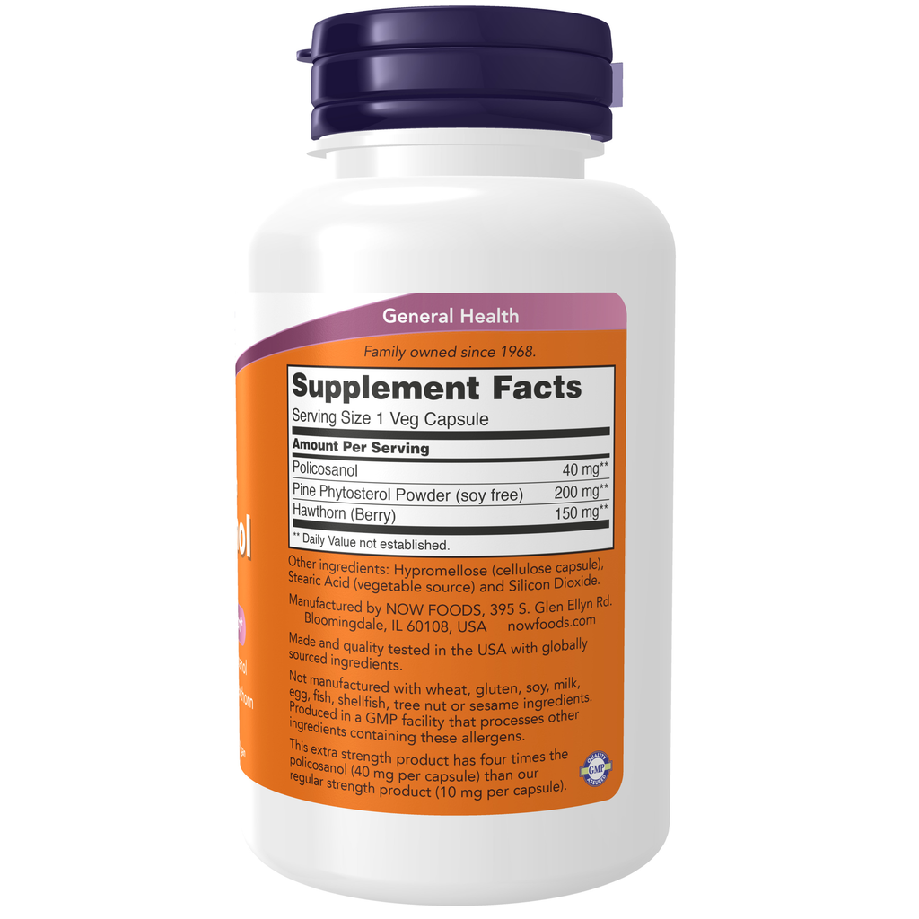 NOW Foods Policosanol, Extra Strength 40 mg - 90 Veg Capsules – Label details / Etykieta producenta