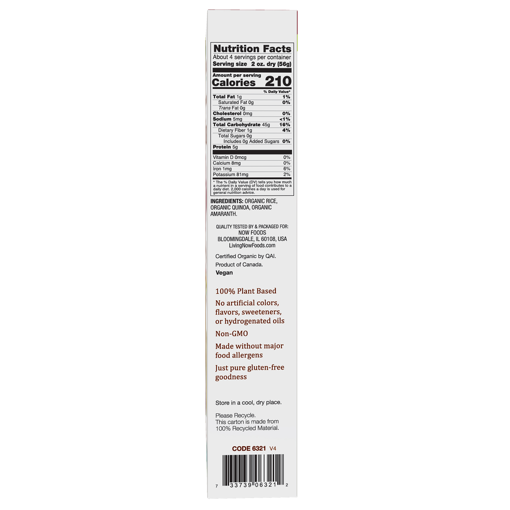 NOW Foods Quinoa Macaroni, Organic - 8 oz. – Right label / Etykieta producenta
