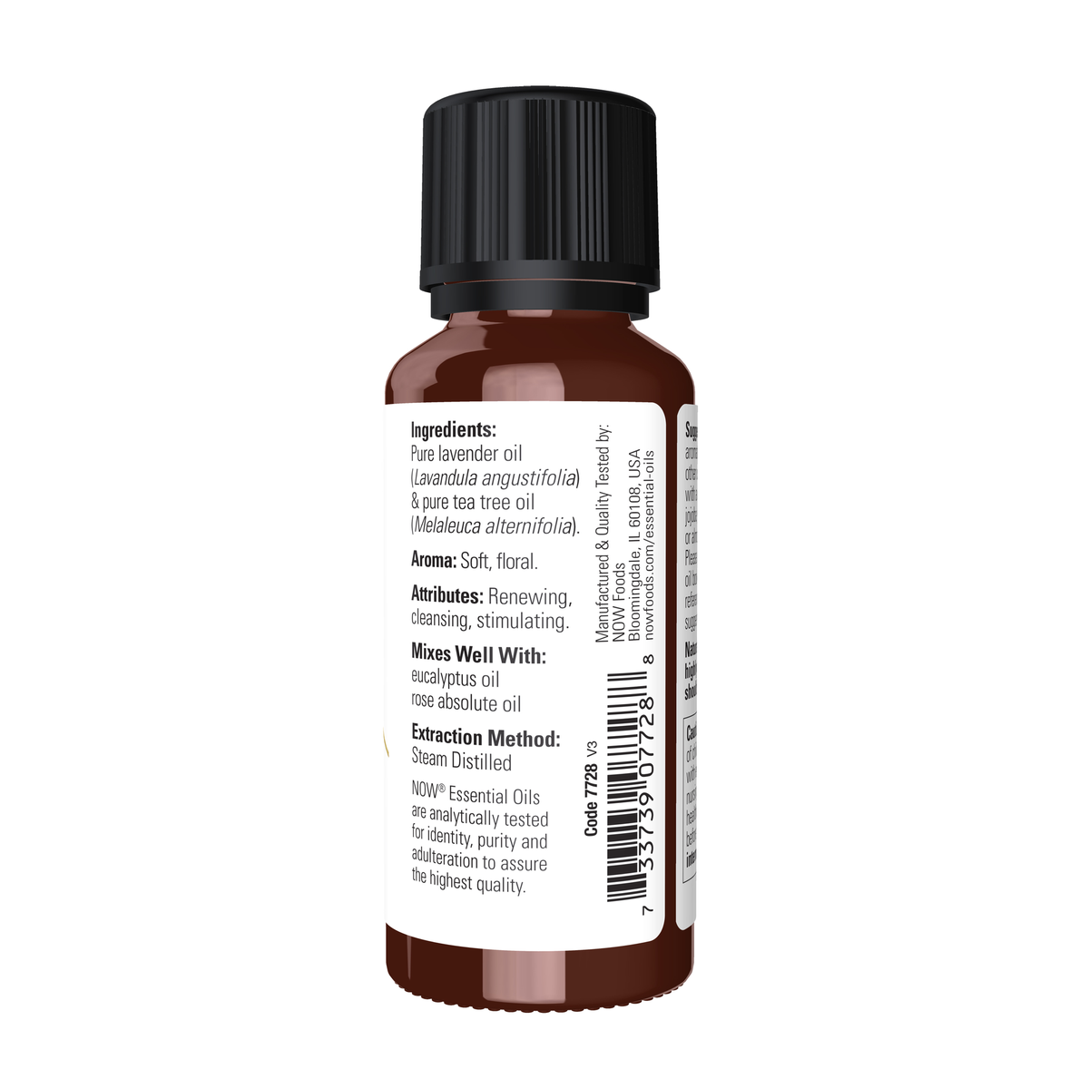 NOW Foods Lavender & Tea Tree Oil Blend - 1 fl. oz. – Right label / Etykieta producenta
