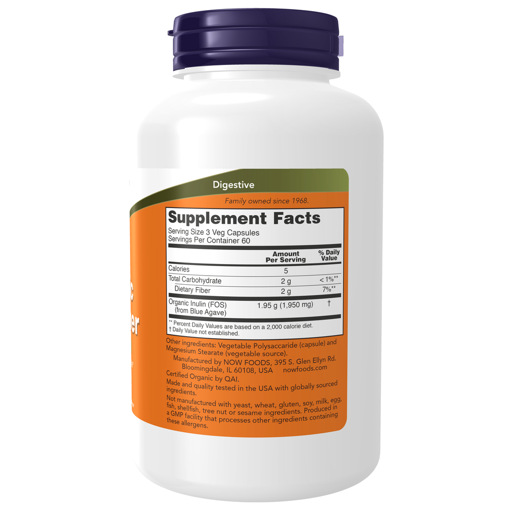 NOW Foods Prebiotic Inulin Fiber - 180 Veg Capsules – Right label / Etykieta producenta