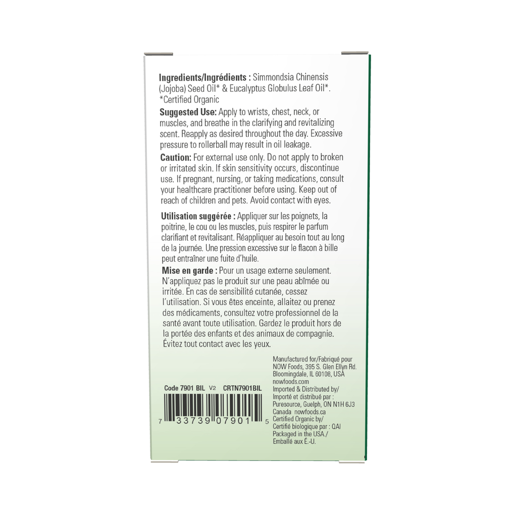 NOW Foods Eucalyptus Essential Oil Blend, Organic Roll-On - 10 mL – Back label / Etykieta producenta