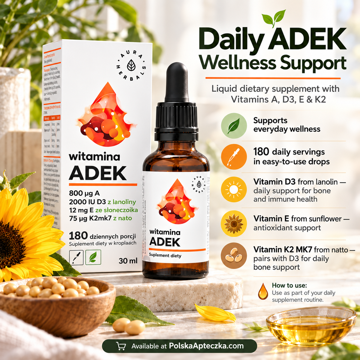 ADEK Liquid Drops – Vitamins A, D3, E & K2 MK-7 30ml Infographic