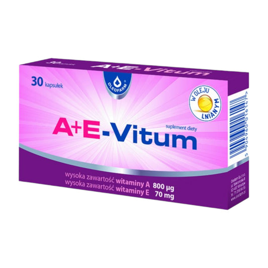 A+E-Vitum Oleofarm – 30 capsules box with vitamins A and E in flax oil