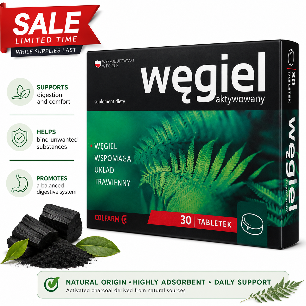Activated Charcoal 30 tablets Colfarm SALE