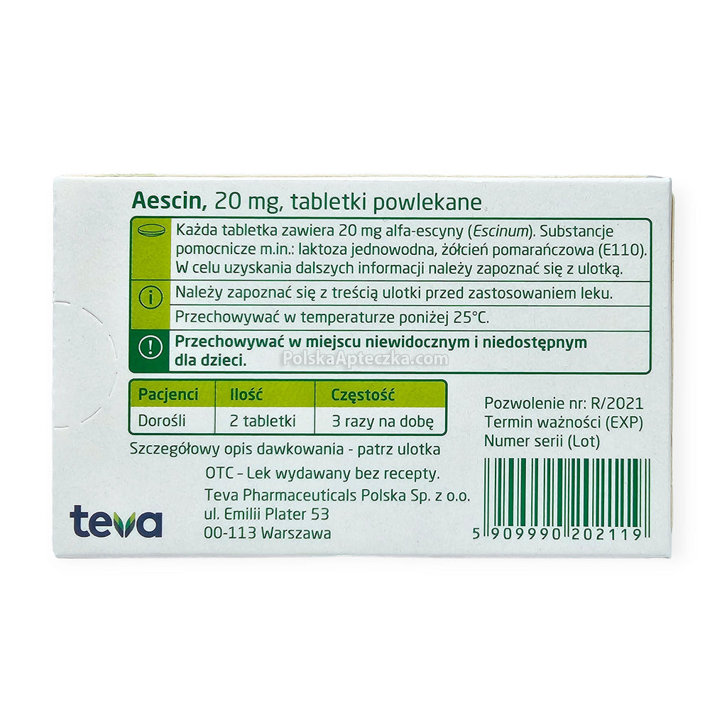 Aescin 20 mg Tablets Vein Support Circulation Teva ingredients