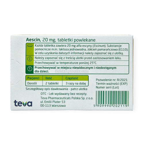 Aescin 20 mg Tablets Vein Support Circulation Teva ingredients
