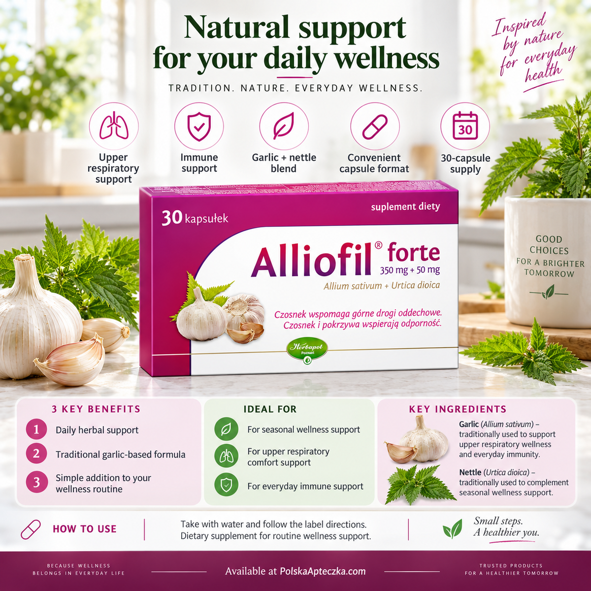 Alliofil Forte Garlic & Nettle 30 Capsules Infographic