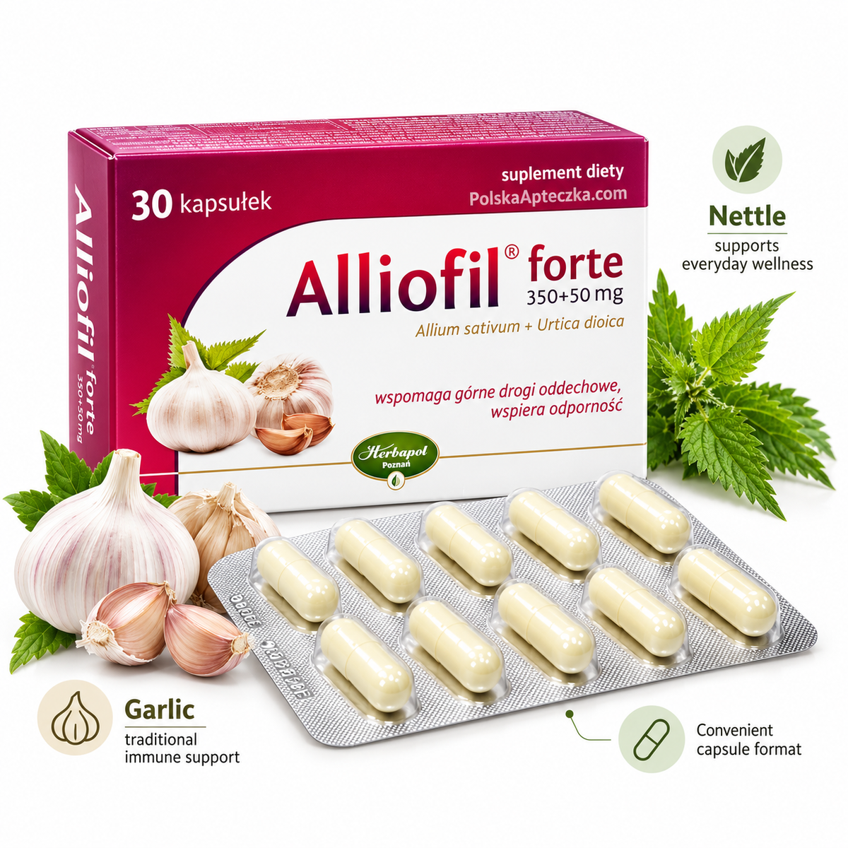 Alliofil Forte Garlic & Nettle 30 Capsules box blister pack