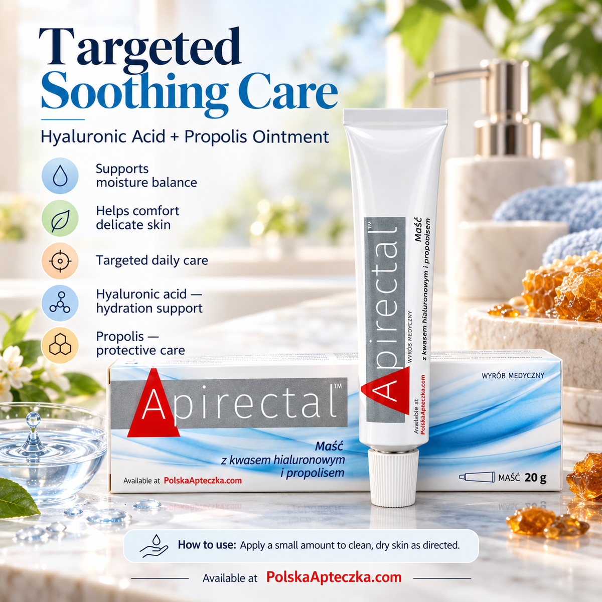 Apirectal hyaluronic acid and propolis rectal protective ointment 20 g tube and box infographic