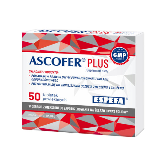 Ascofer Plus iron supplement 50 tablets box with folic acid for fatigue and immune support