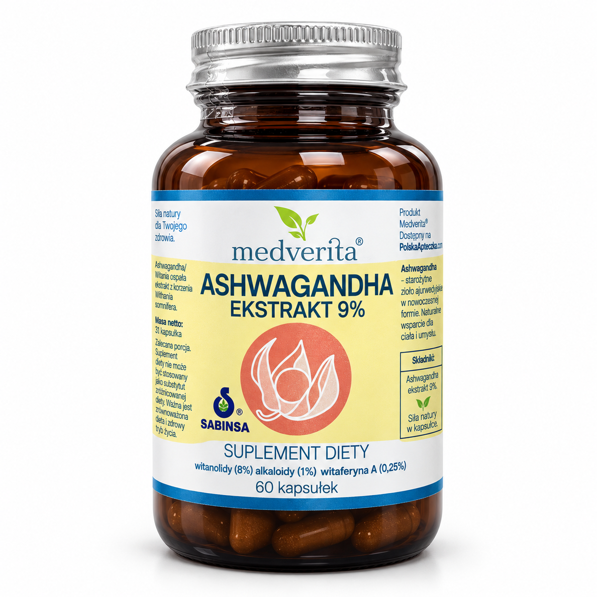 Ashwagandha Root Extract 500 mg 9% Standardized 60 Capsules, Medverita 