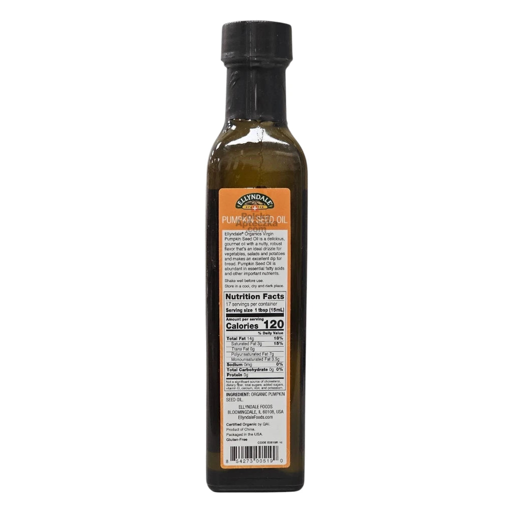 Back label of Ellyndale Organic Pumpkin Seed Oil 250ml – nutritional facts, ingredients, and cold-pressed oil benefits