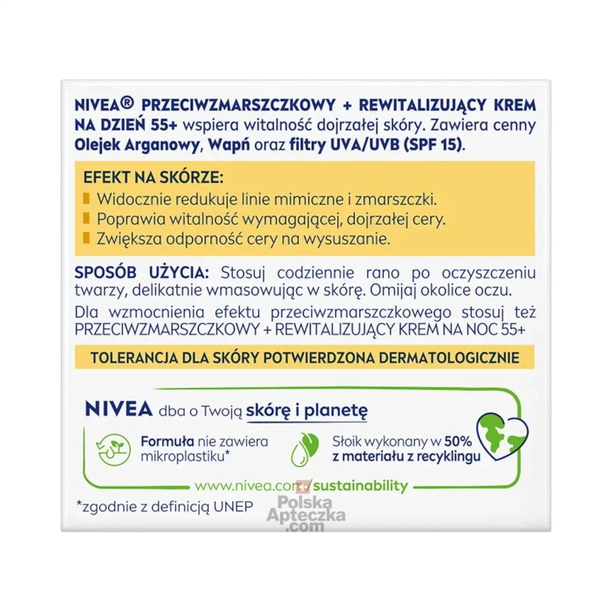 Back label of NIVEA 55+ Anti-Wrinkle and Revitalizing Day Cream – usage instructions and ingredients