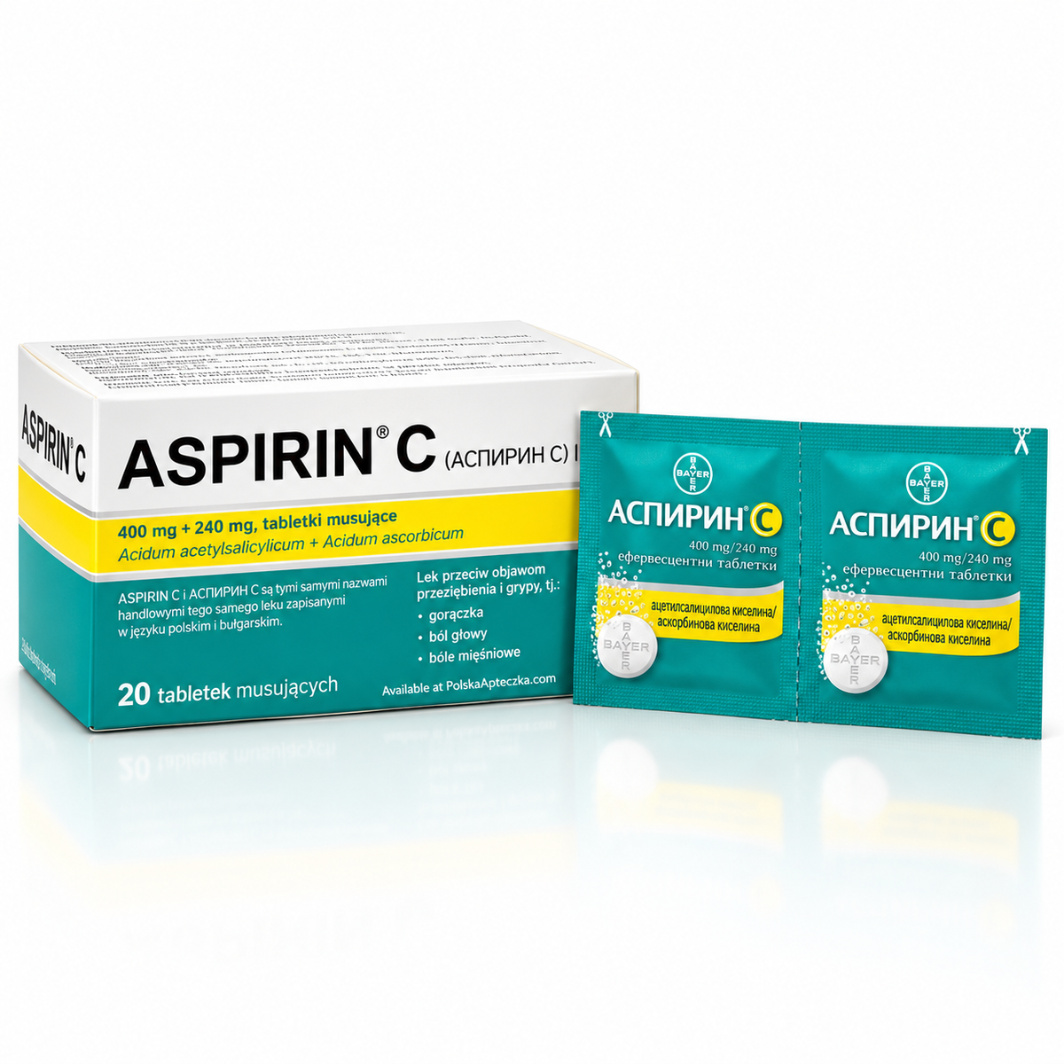 Bayer Aspirin C 400 mg with vitamin C 240 mg effervescent cold flu fever and headache relief 20 tablets