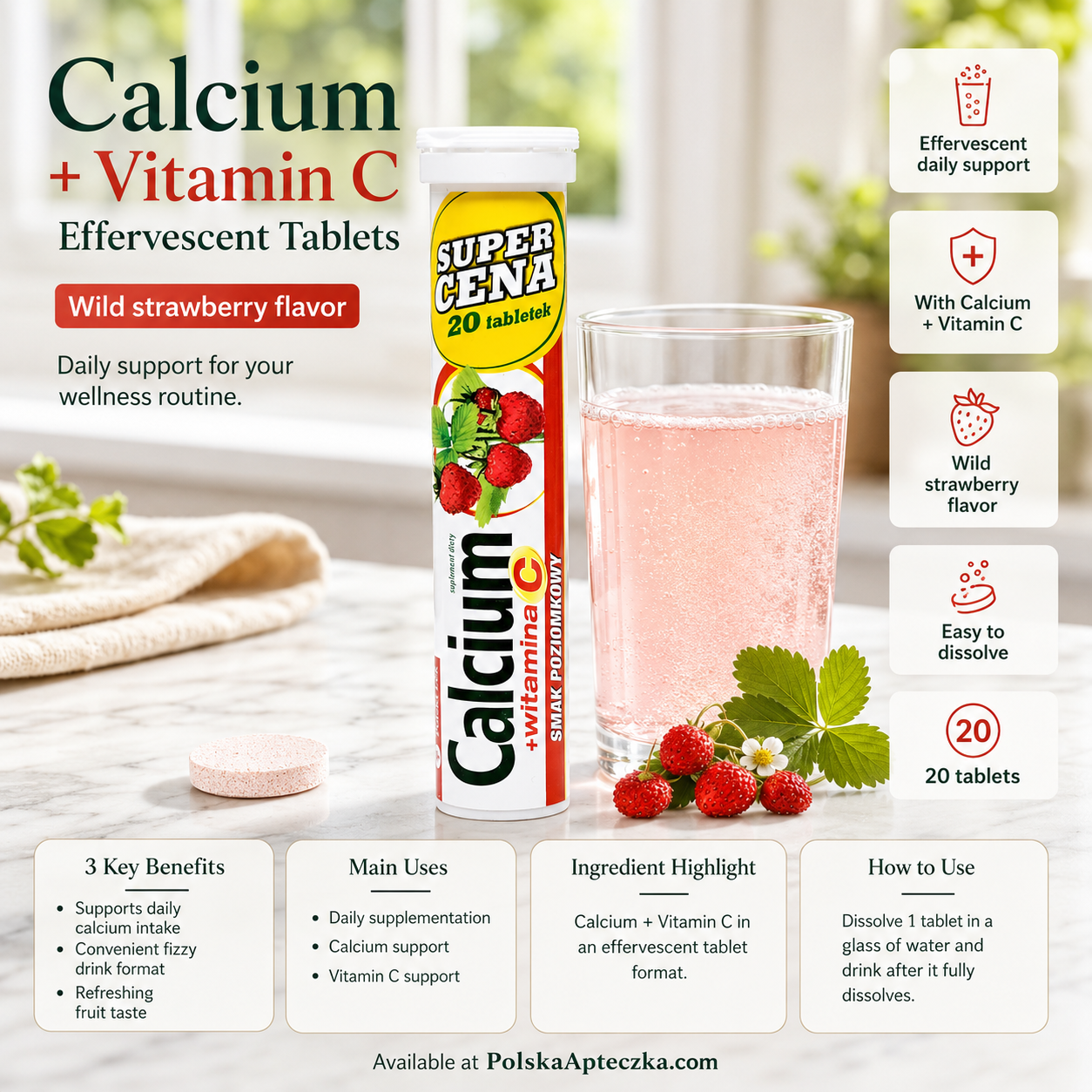 Calcium + Vitamin C Wild Strawberry Effervescent Tablets Benefits