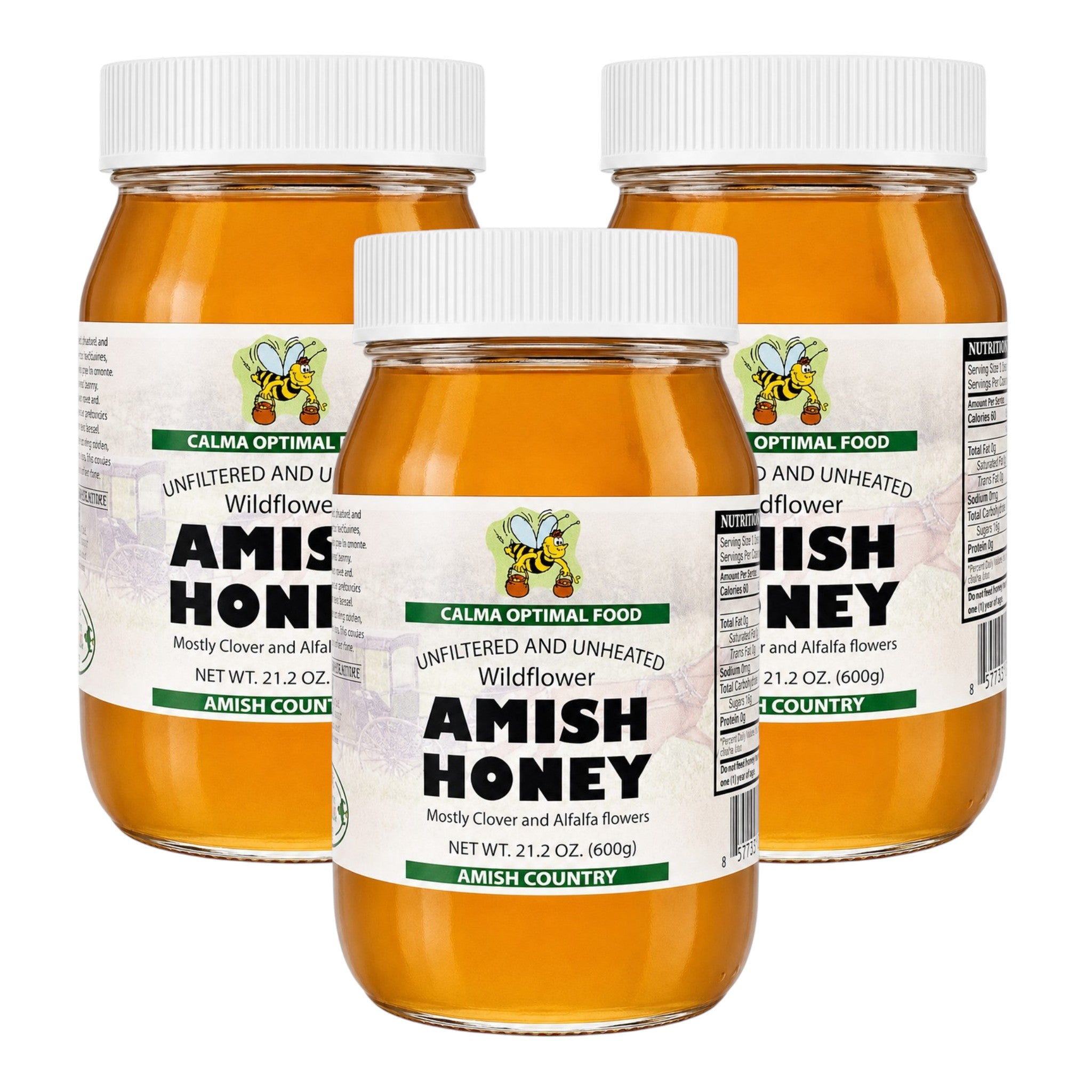 Calma Unfiltered Wildflower Amish Honey 21 oz / 600 g three Jars