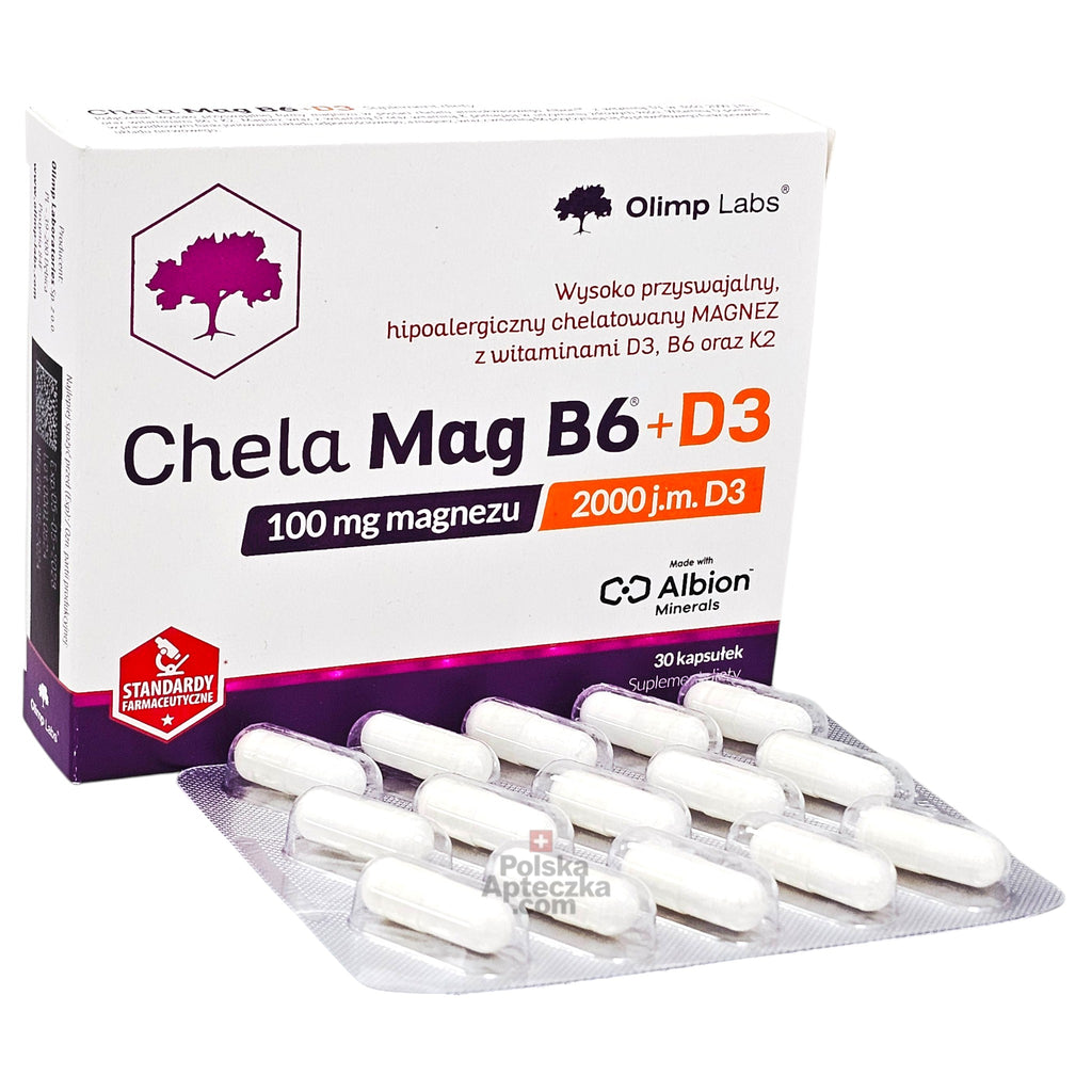 Chela Mag B6 D3 by Olimp Labs 30 capsules with chelated magnesium, vitamin D3, B6, and K2 supplement for muscle, bone, and immune support blister pack