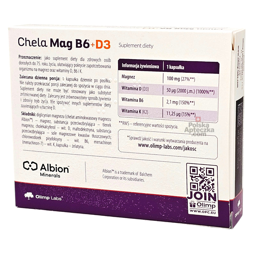 Chela Mag B6 D3 by Olimp Labs 30 capsules with chelated magnesium, vitamin D3, B6, and K2 supplement for muscle, bone, and immune support ingredients