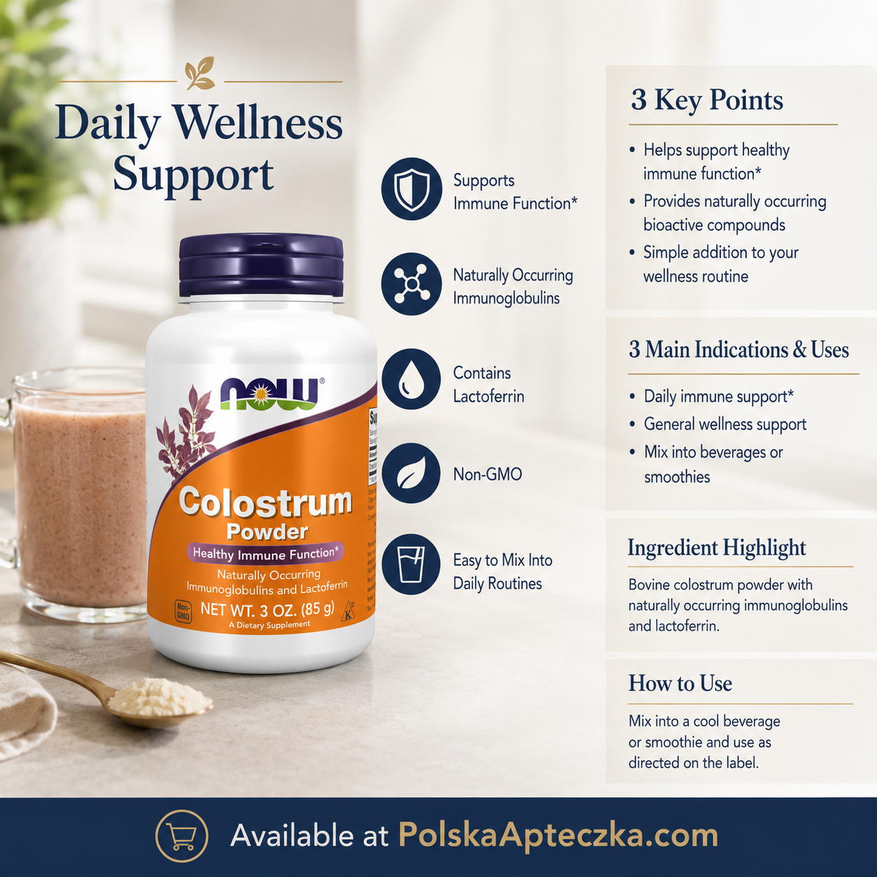 Colostrum Powder 3 oz Immune Support Supplement with Immunoglobulins & Lactoferrin Infographic