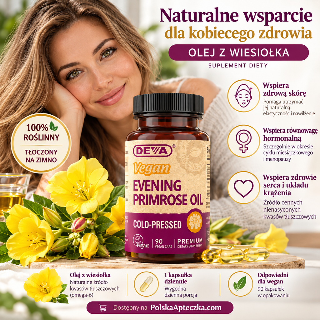 DEVA wegański olej z wiesiołka tłoczony na zimno z GLA omega-6 90 kapsułek vegan