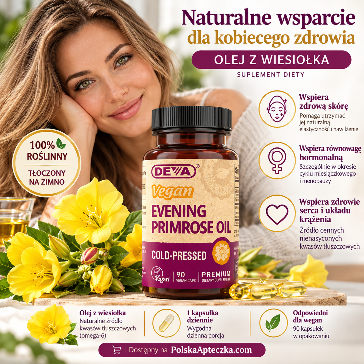 DEVA wegański olej z wiesiołka tłoczony na zimno z GLA omega-6 90 kapsułek vegan