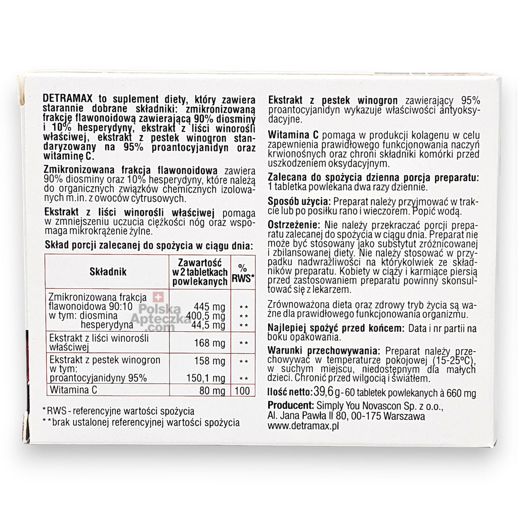 Detramax supplement for vein health and heavy legs support box back