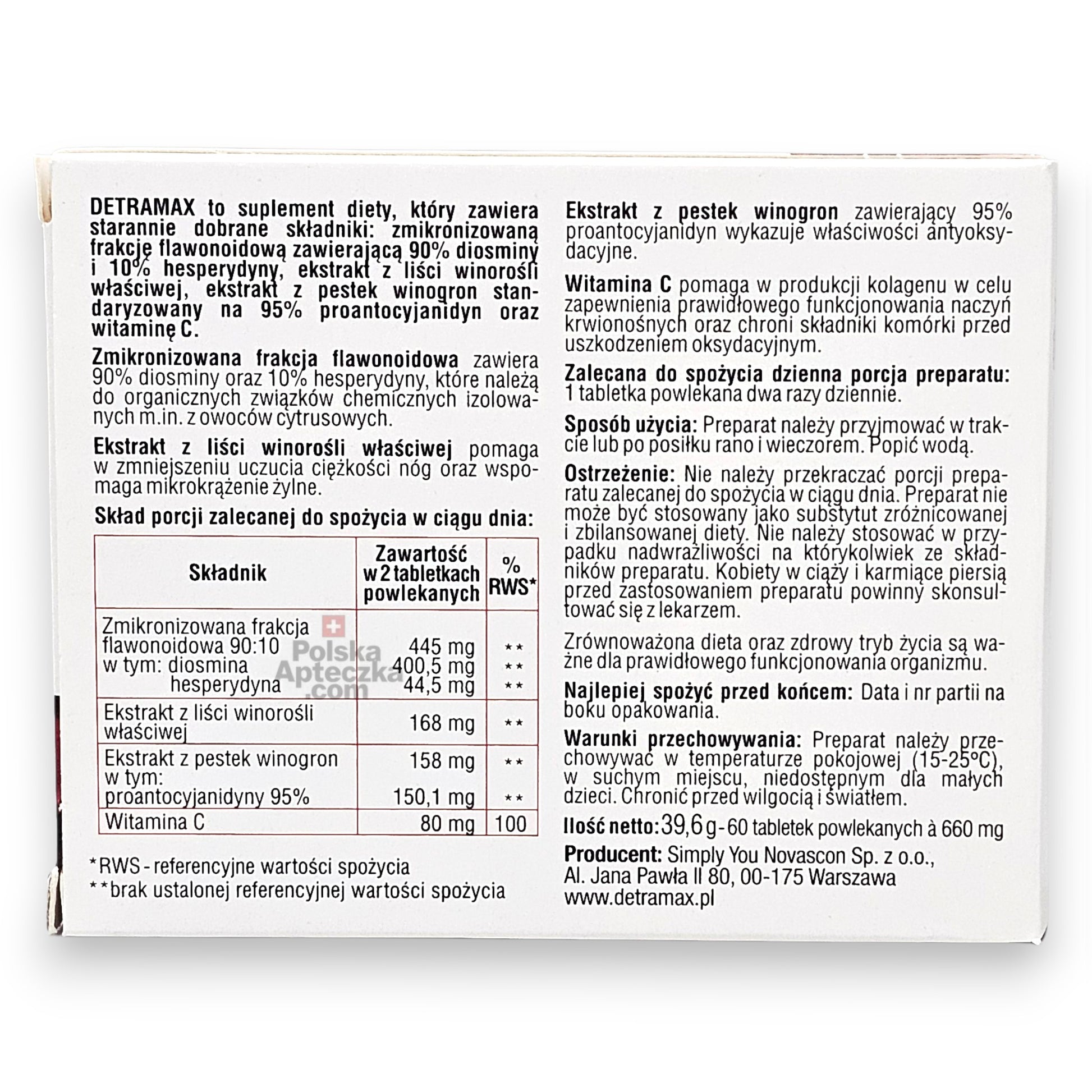Detramax supplement for vein health and heavy legs support box back