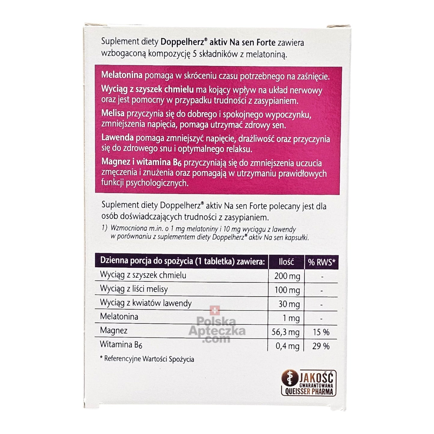 Doppelherz Na Sen Forte 20 Tablets Sleep Aid with Melatonin and Herbs ingredients