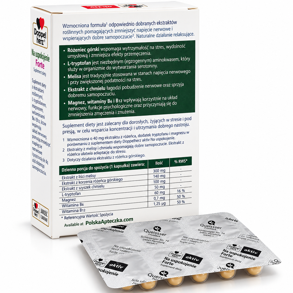 Doppelherz aktiv Calm Forte 20 capsules stress support supplement with Rhodiola L-tryptophan lemon balm hops magnesium B6 and B12 Ingredients