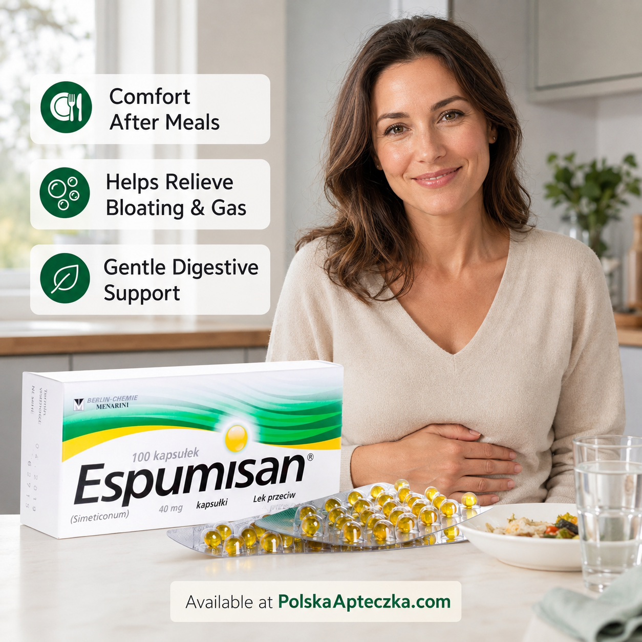 Espumisan 40 mg simethicone 100 capsules by Berlin-Chemie Menarini for gas, bloating, abdominal pressure and fullness relief