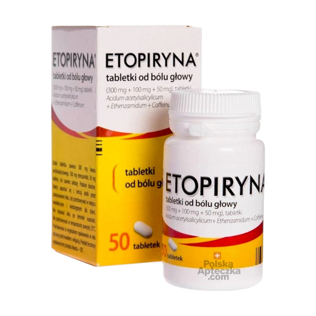 Etopiryna 50 tablet bottle and box for headache relief with aspirin, etenzamide, and caffeine