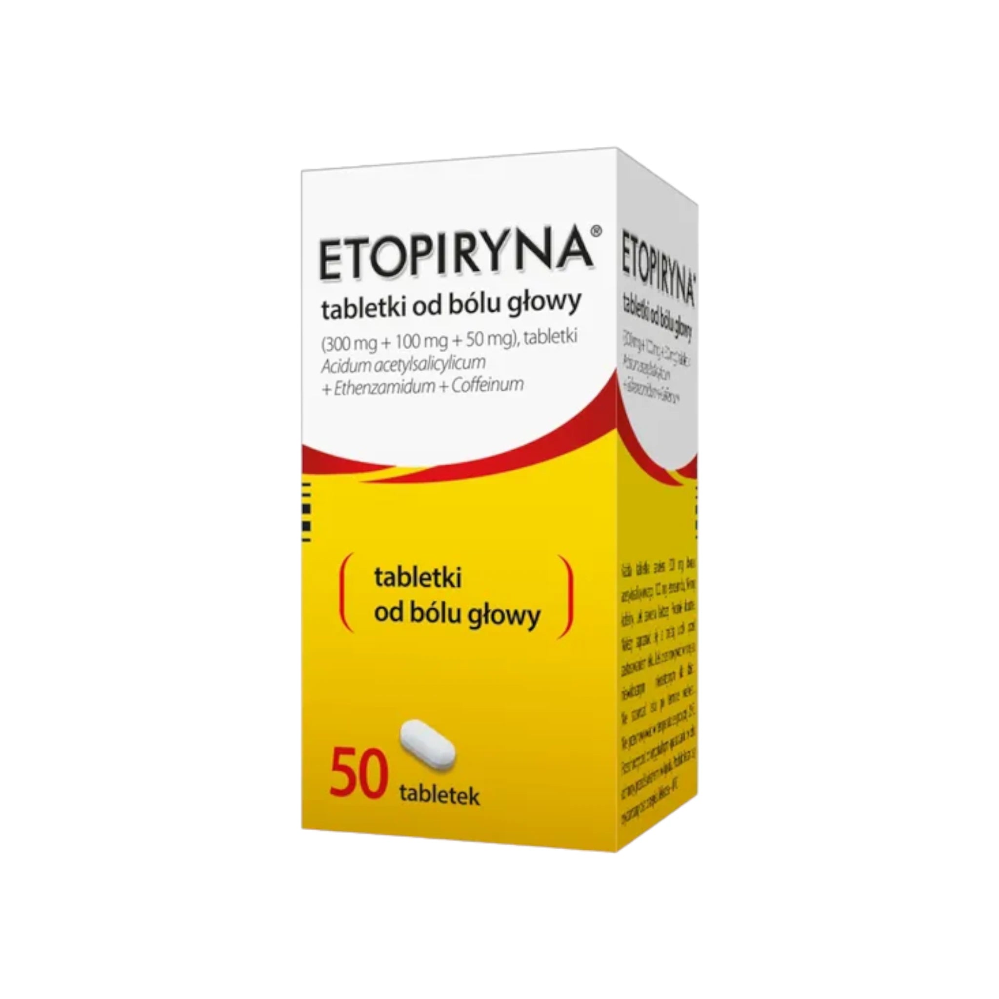 Etopiryna 50 tablet bottle and box for headache relief with aspirin, etenzamide, and caffeine
