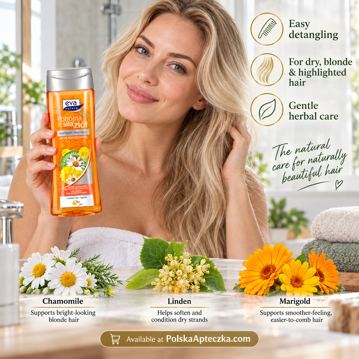 Eva Natura Triple Power of Herbs Shampoo Chamomile Linden & Calendula 400 ml – Dry Blonde Hair Lifestyle