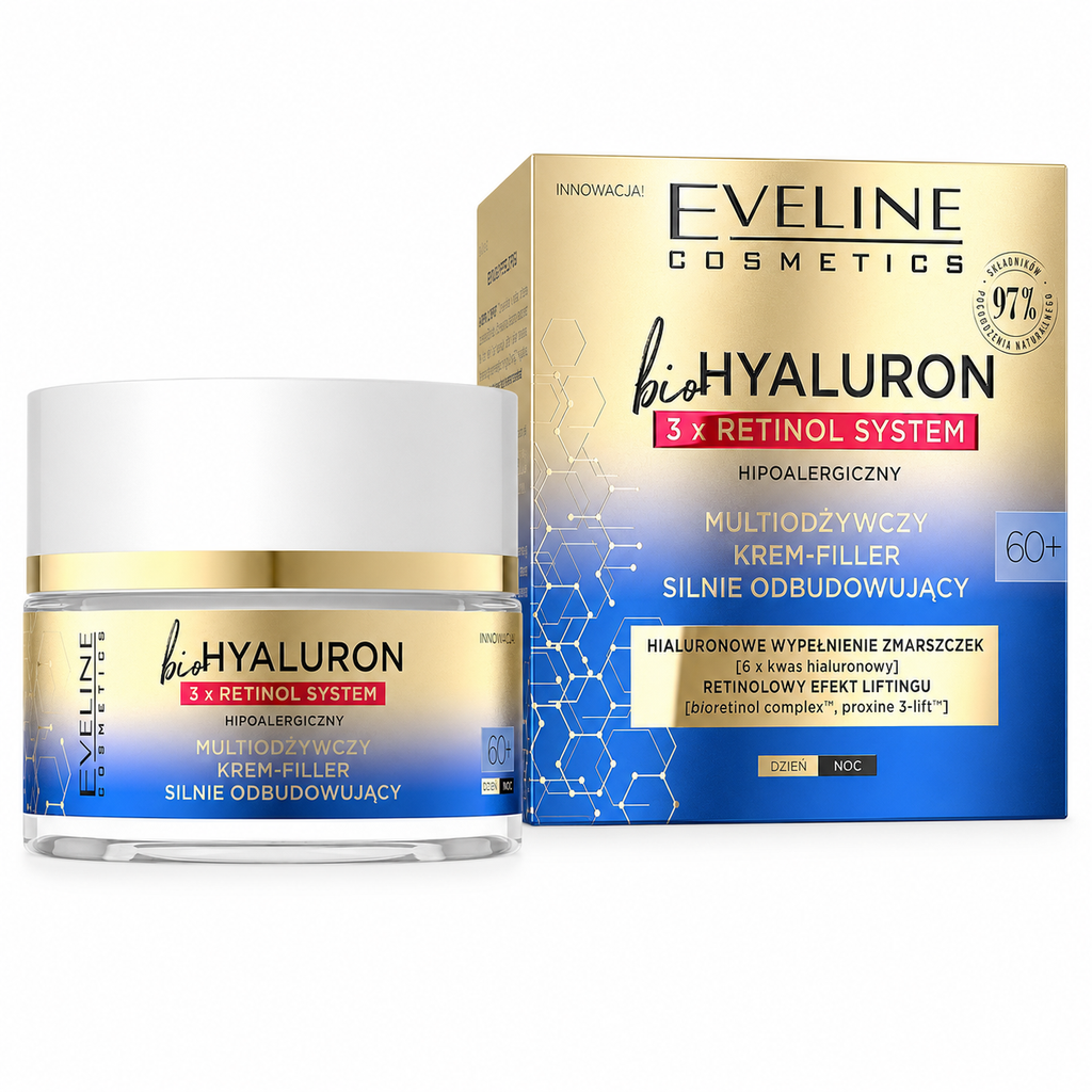 Eveline Bio Hyaluron 3x Retinol System 60+ anti wrinkle rebuilding face cream day and night 50 ml