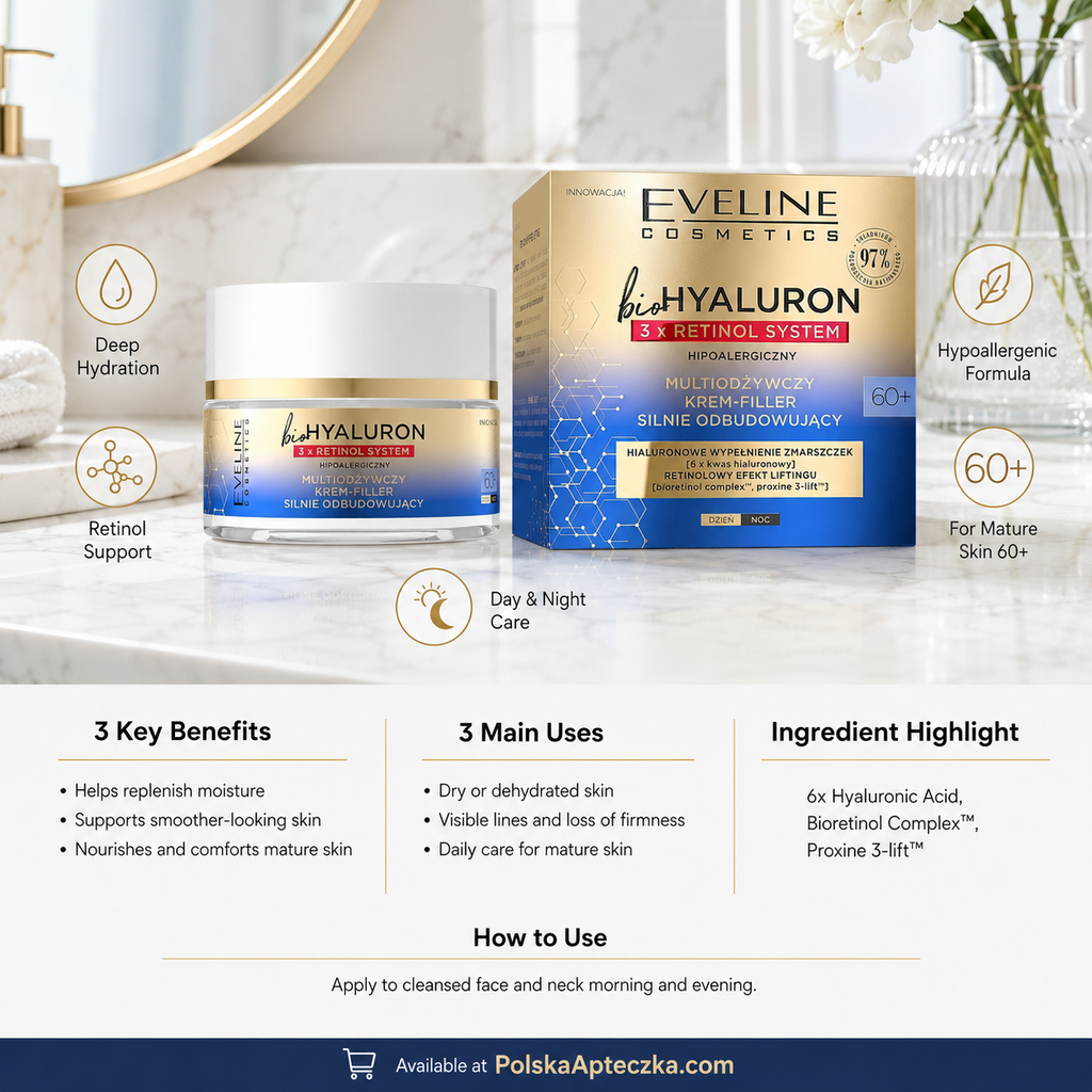 Eveline Bio Hyaluron 3x Retinol System 60+ anti wrinkle rebuilding face cream day and night 50 ml Benefits
