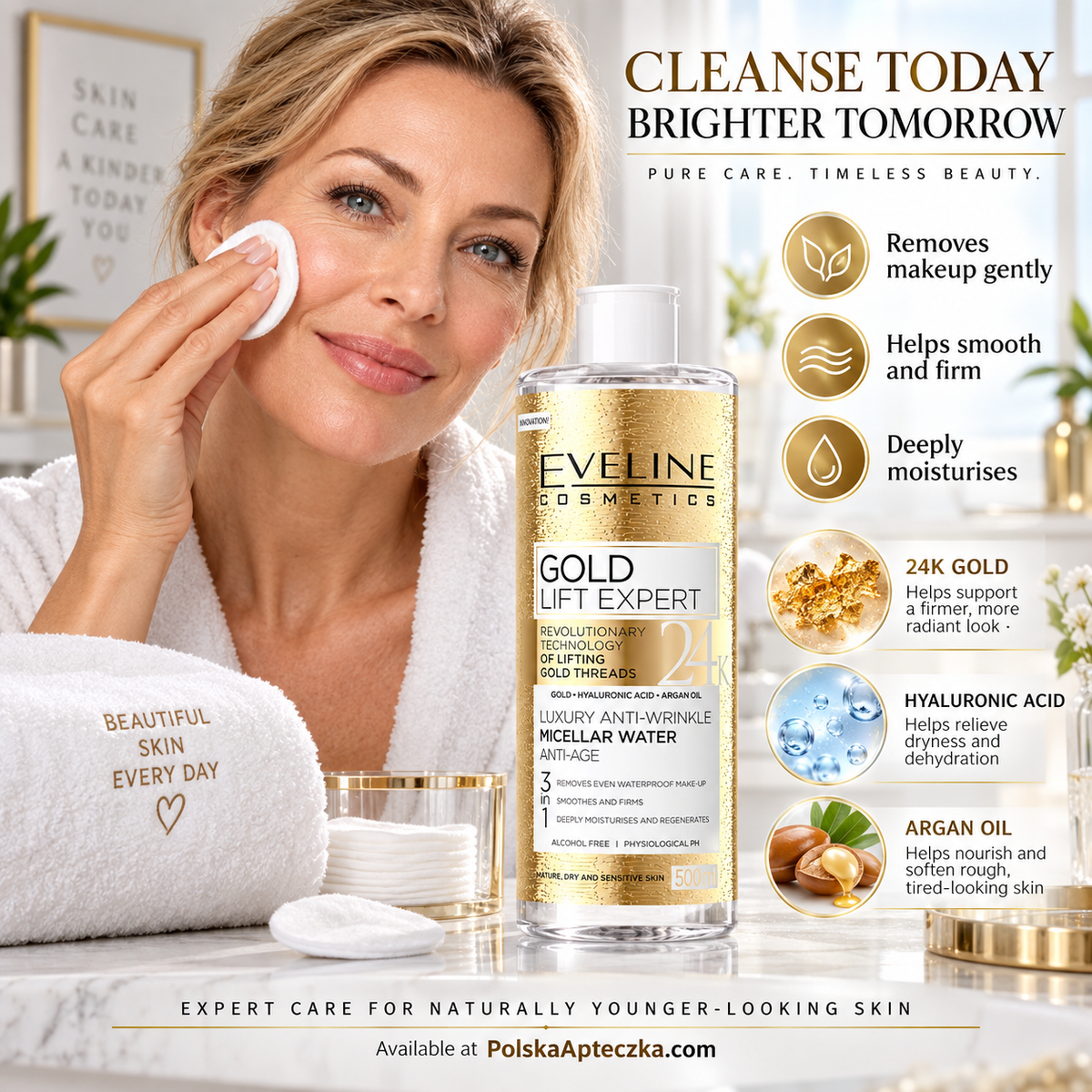 Eveline Gold Lift Expert 24K przeciwzmarszczkowy płyn micelarny 500 ml z kwasem hialuronowym i olejem arganowym do cery dojrzałej suchej i wrażliwej